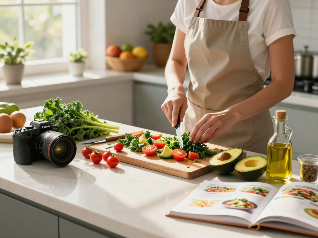 A vibrant kitchen scene with a nutritionist preparing an erecsure salad, showcasing fresh vegetables and a warm, inviting atmosphere.