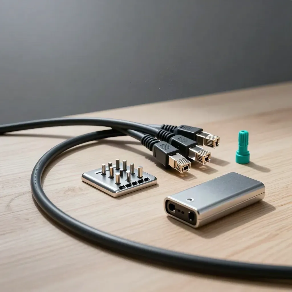 Ethernet repair tools and drive shell on pale wood with dramatic studio light