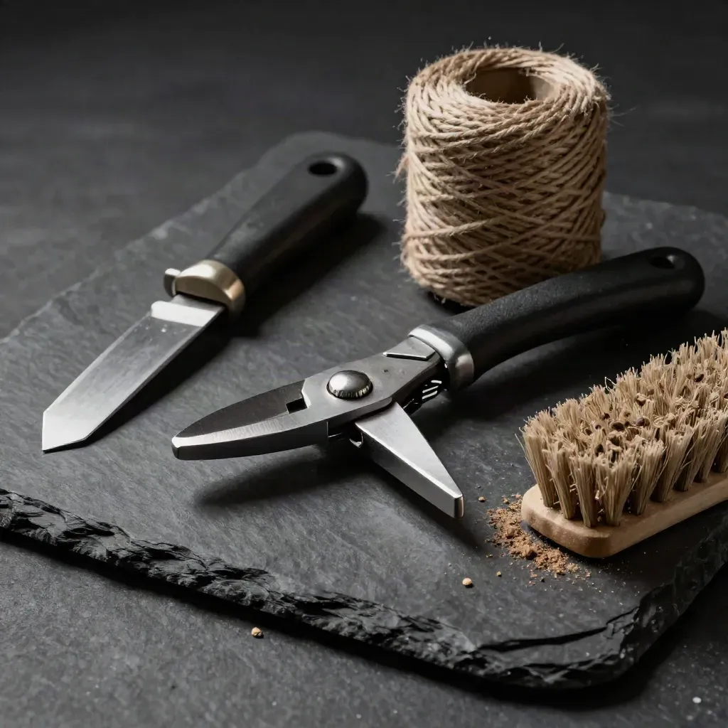 Landscape pruning tools on dark slate: pruners, knife, twine, edging blade and soil brush.