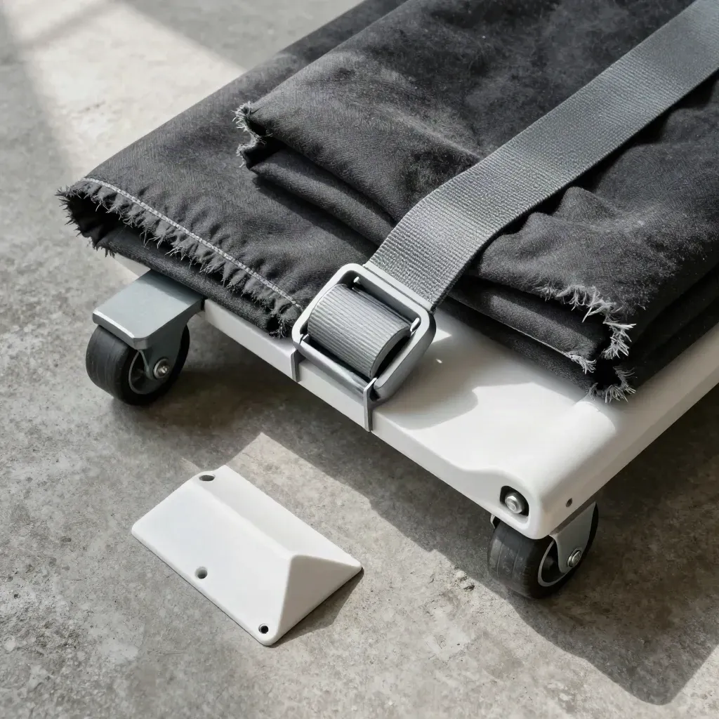 Moving-day tools on concrete: strap buckle, blanket, sliders, corner guard and dolly wheel in dust.
