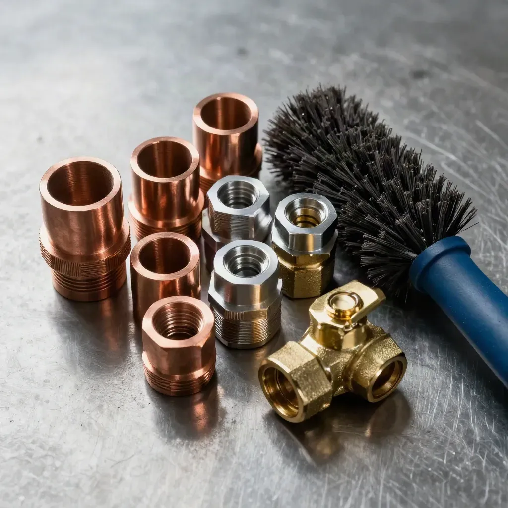 Overhead macro still life of HVAC fittings, copper offcuts, a brass valve and coil brush on steel.