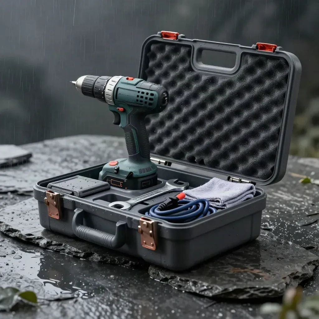 Opened contractor toolbox with drill, wrench, tester and cable on wet slate in soft studio light.