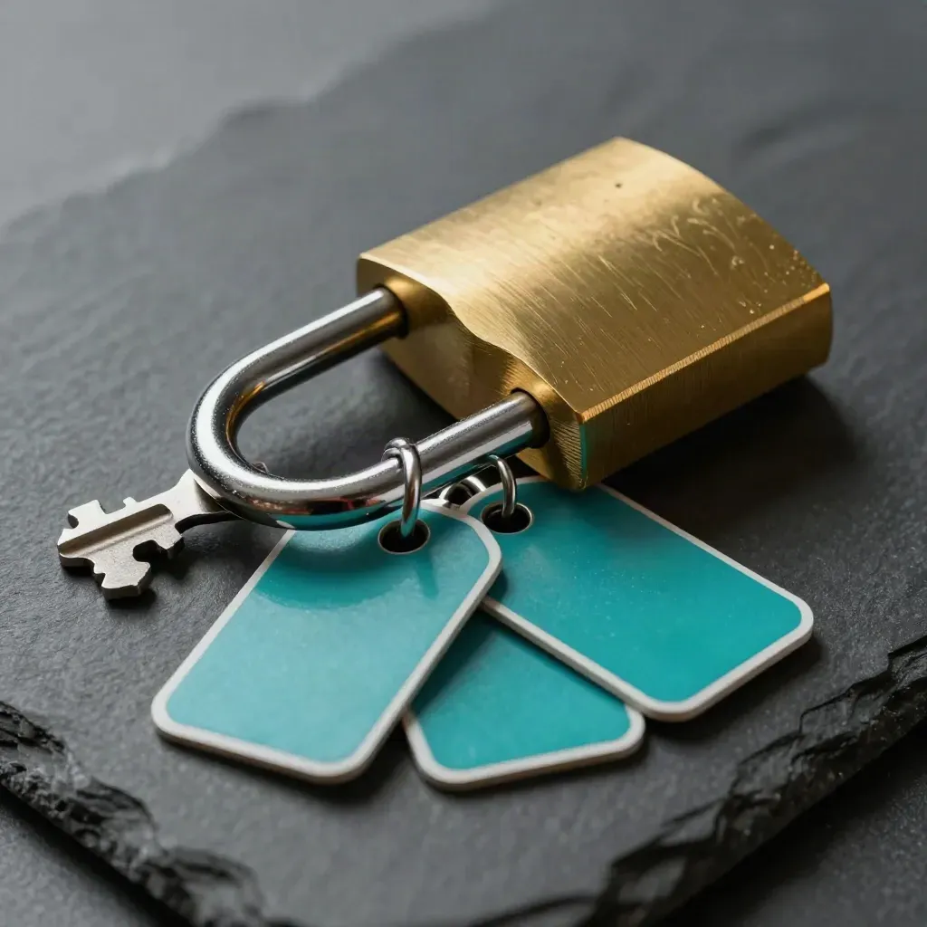 Brass padlock, contractor badge clip, and two inspection tags on dark slate with teal accents.