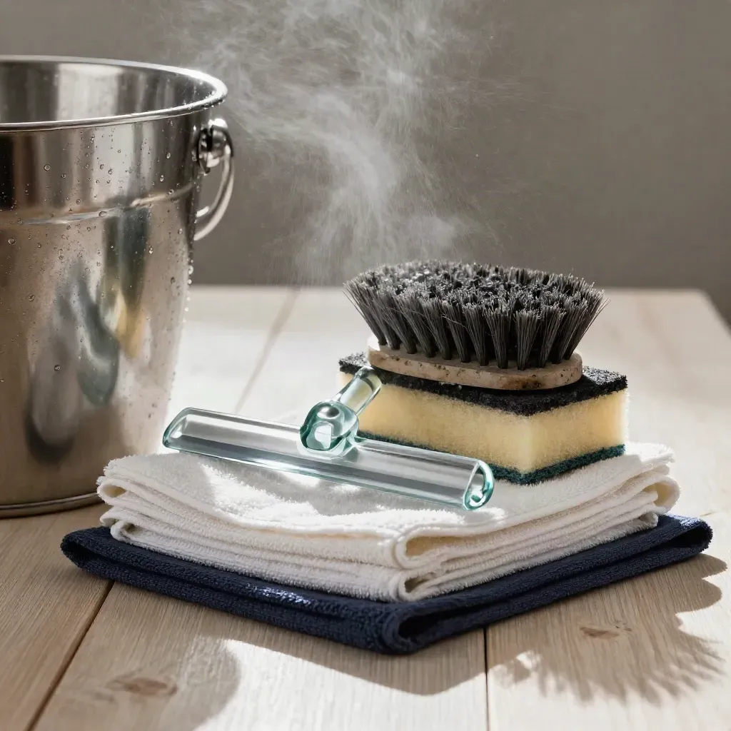 Stainless bucket rim, squeegee, scrub brush, microfiber cloths and sponge on pale wood