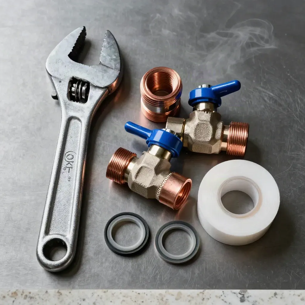Top-down plumbing repair still life with wrench, copper couplings, valve, tape spool and gasket rings.