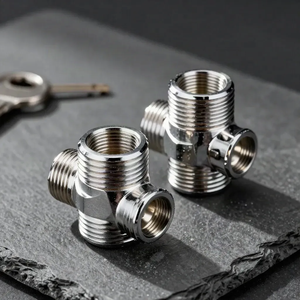Chrome pipe fittings, gasket and steel connector block on charcoal concrete in dramatic studio light.