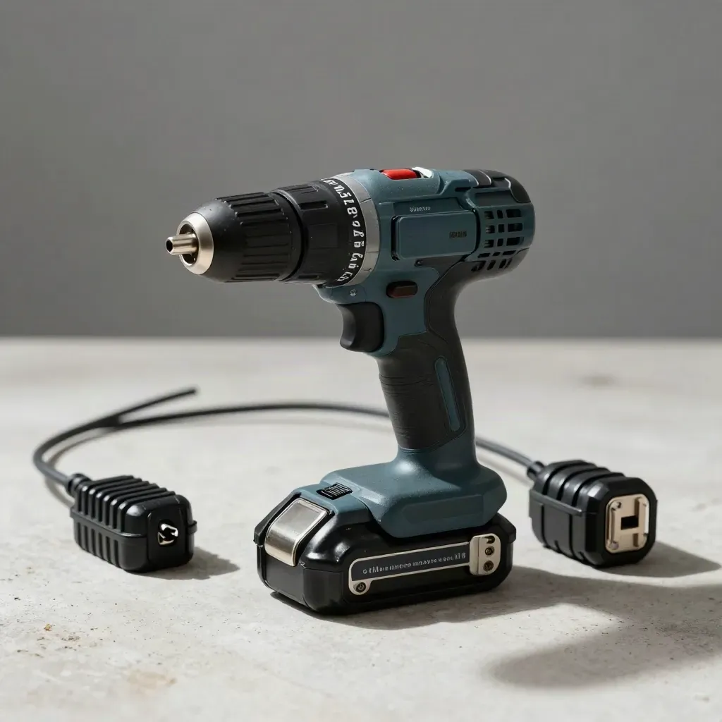 Charged drill battery docked by a bit case and coiled lead on pale stone