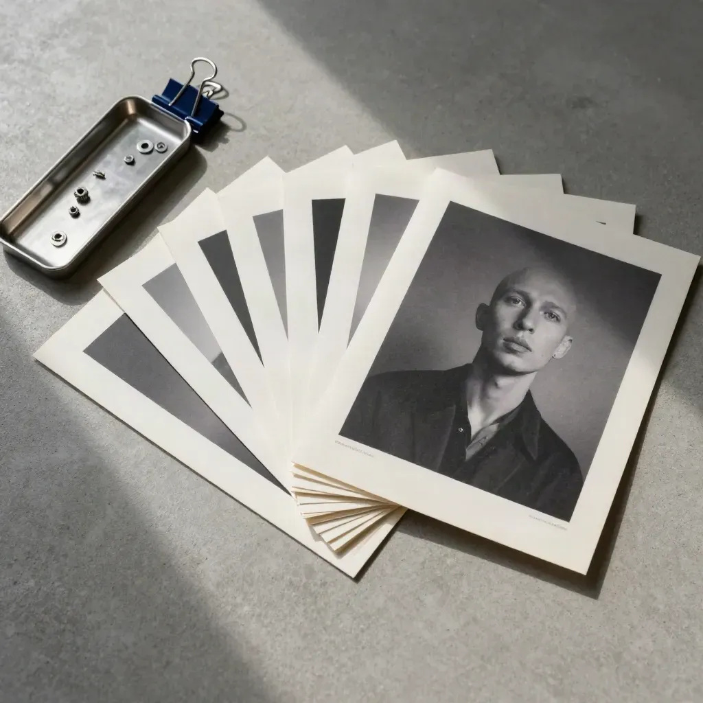 Proof prints, steel tray and clip stack on concrete, top-down in soft daylight