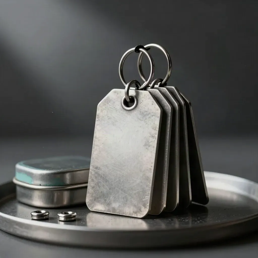 Blank metal job tags on a split ring beside a parts tin and two fasteners