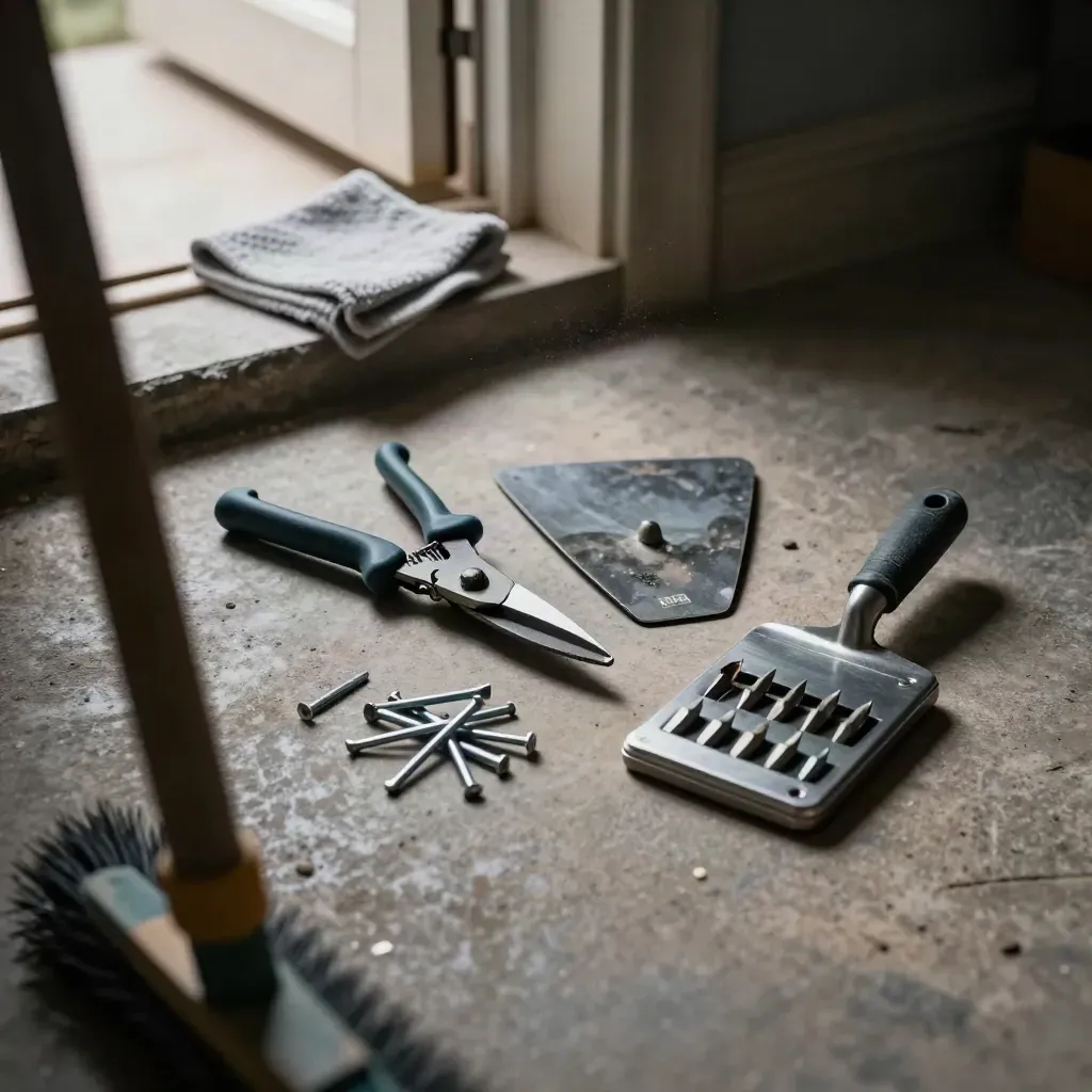 Homeowner toolkit on a stone threshold with shears, scraper, anchors, drill bits and cloth