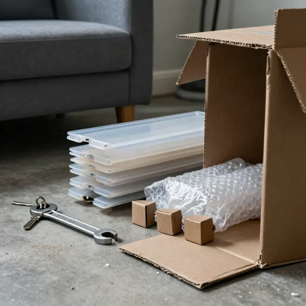 Move-out tools and packing materials staged in a dim apartment, shot through a box flap