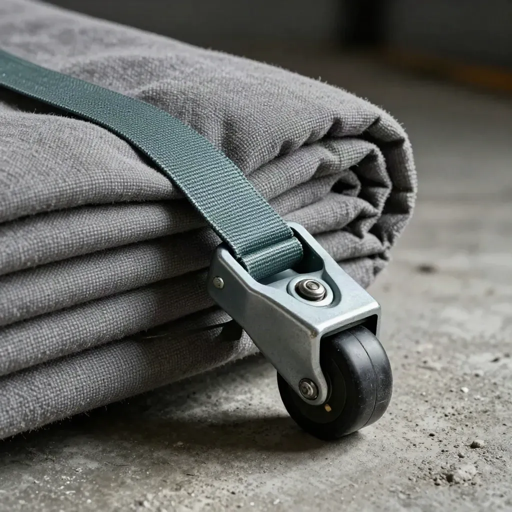 Macro of mover hardware: ratchet buckle, caster wheel, blanket fold and corner guard on concrete.
