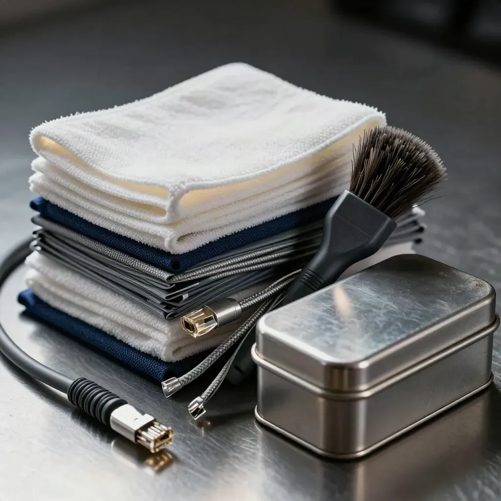Microfiber cloths, cables, brush, and tool tin on brushed metal with a blurred cable foreground.
