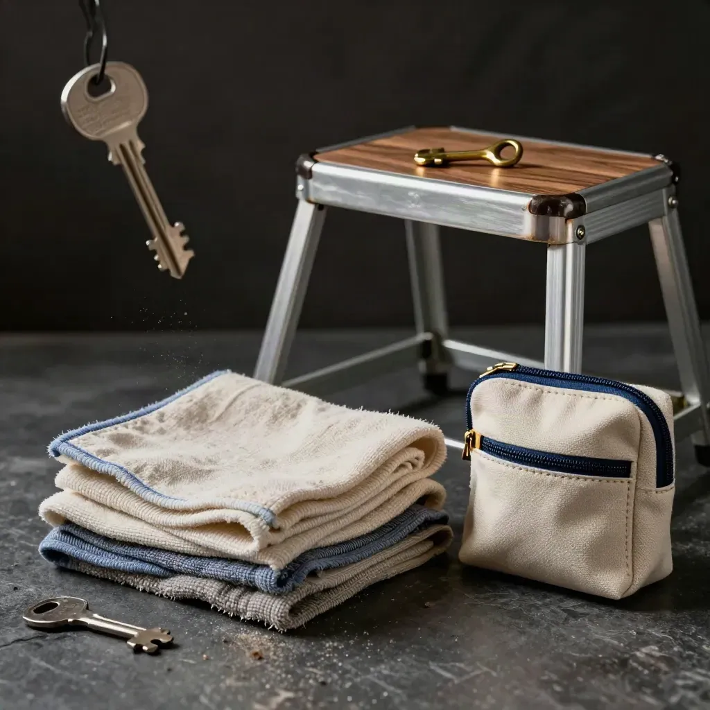 Microfiber cloths, step stool top, key and tool pouch on dark stone with dramatic side light