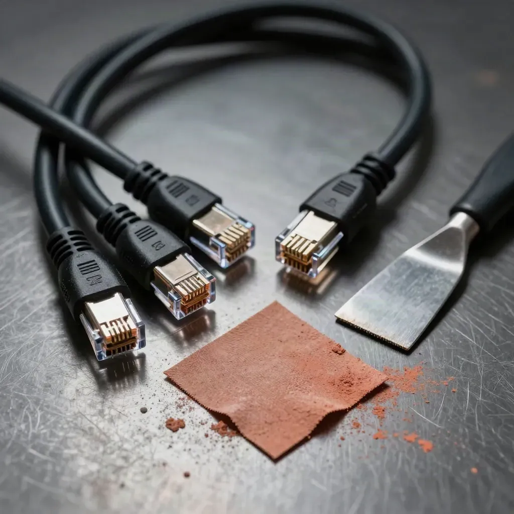 Ethernet cords, keystone jacks, drywall mesh and putty knife on brushed metal.