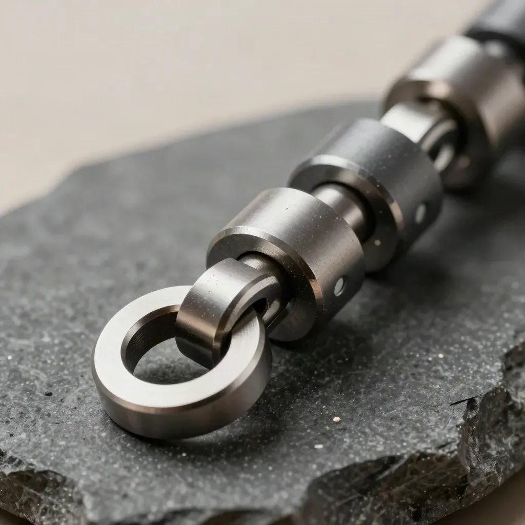 Macro still life of steel rings and connector blocks on dark stone, lit from upper left.