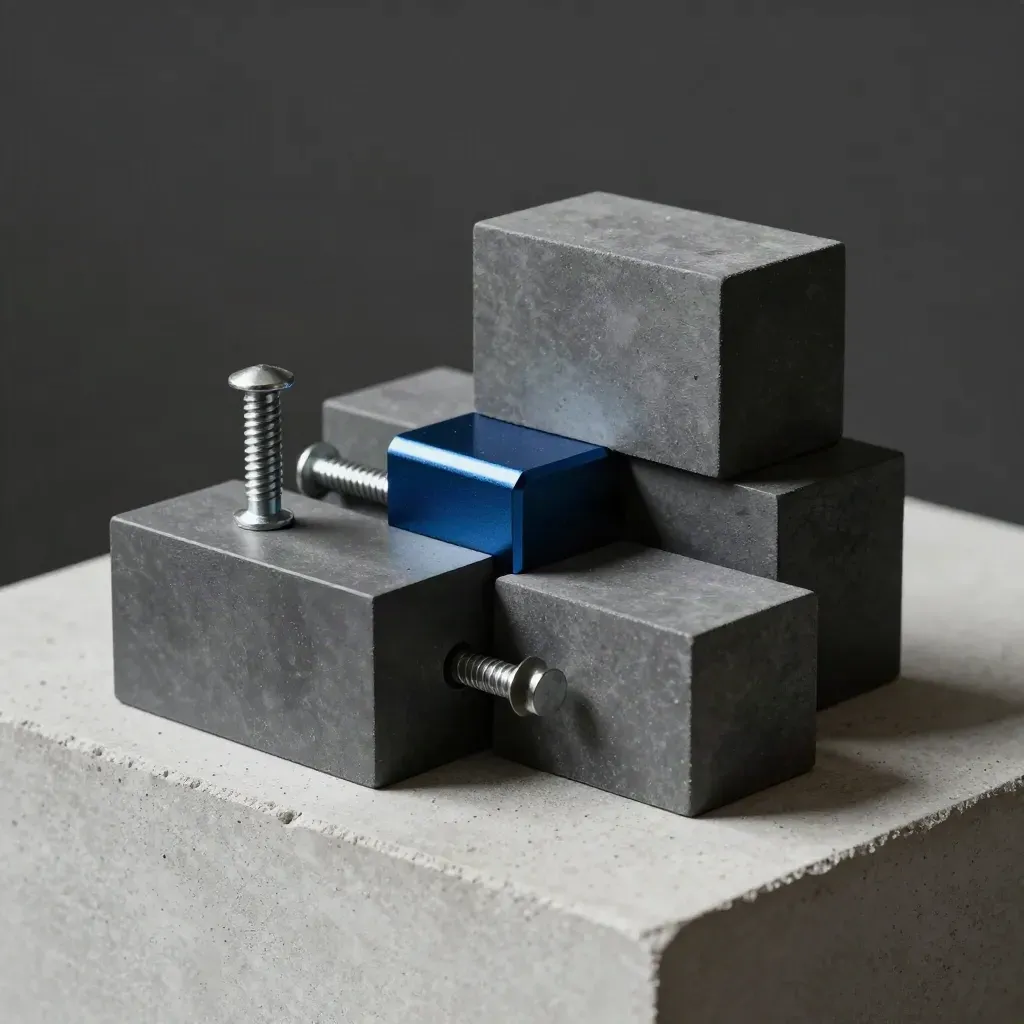 Matte graphite blocks and dowel pins click together on pale concrete in dramatic light.