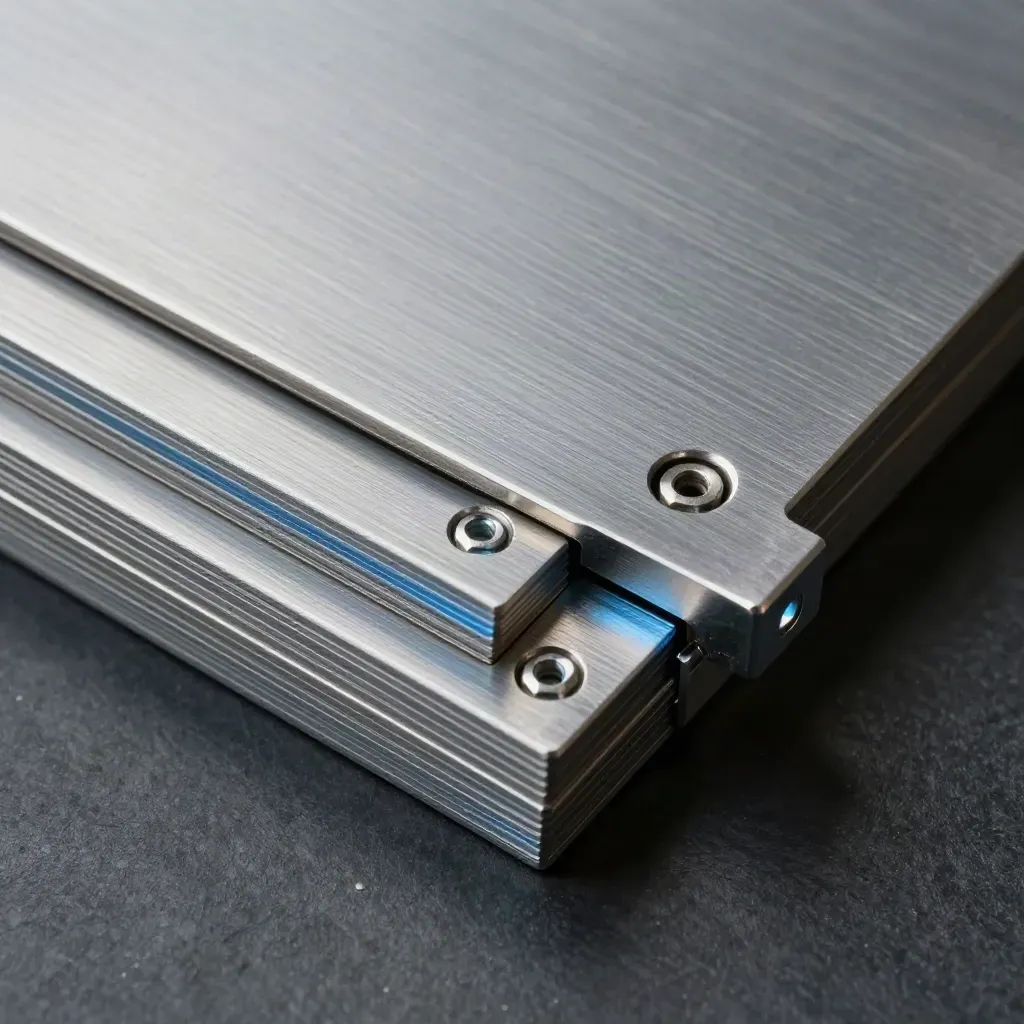 Aluminum interface plates, screws, and connector bridge on brushed metal in cool light