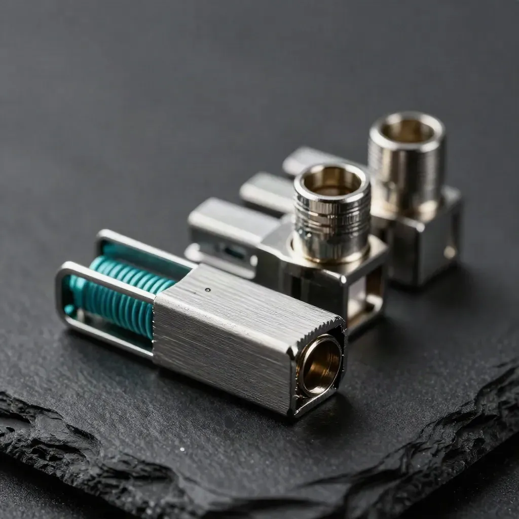 Macro of brushed-metal clips and cable ferrules aligning on black slate with a teal accent.